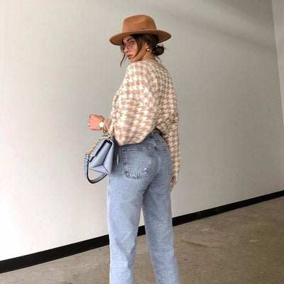 Houndstooth knit casual retro pullover sweater