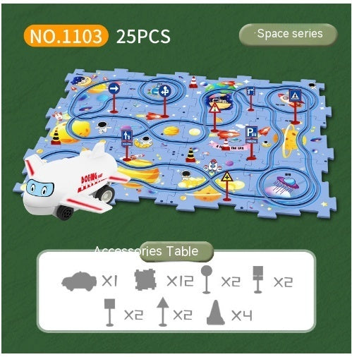 Puzzle infantil de comboio elétrico, brinquedo educativo para montar, com carro elétrico automático, cenário de cidade e carris.