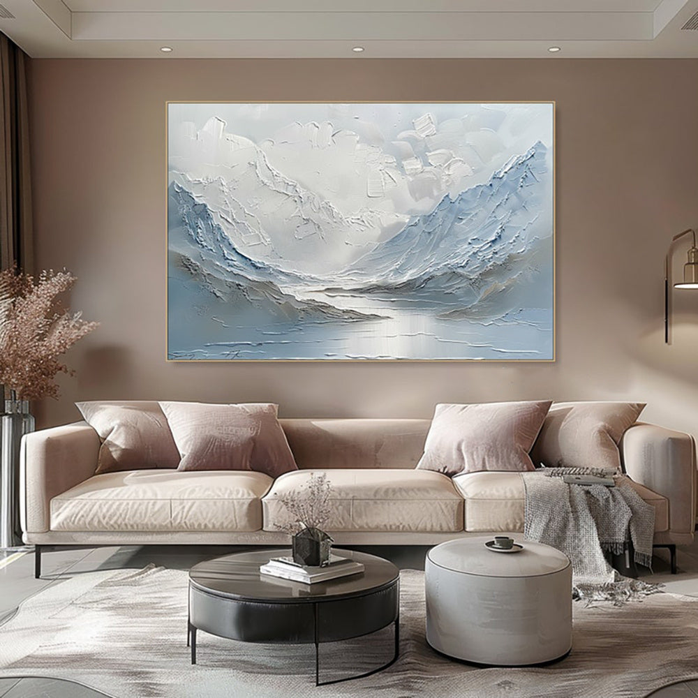 Paysage de montagne et de lac bleu clair et blanc, peint à la main sur une toile épaisse, art mural abstrait à l'huile, peint à la main, pour la décoration intérieure.