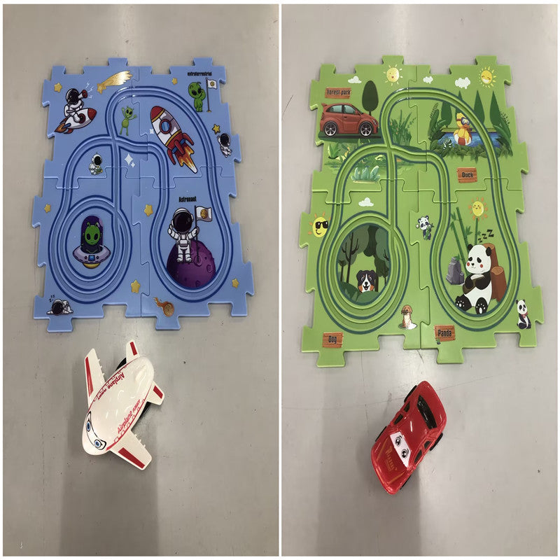 Puzzle infantil de comboio elétrico, brinquedo educativo para montar, com carro elétrico automático, cenário de cidade e carris.