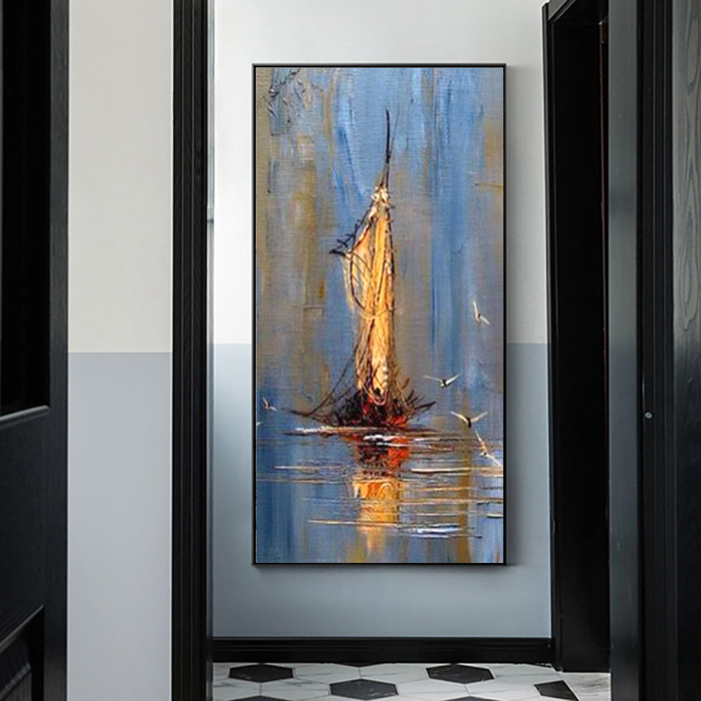 Tableau sur toile représentant un voilier pirate vintage en mer, peint à l'huile à la main, représentant un voilier noir. Décoration murale pour salon.