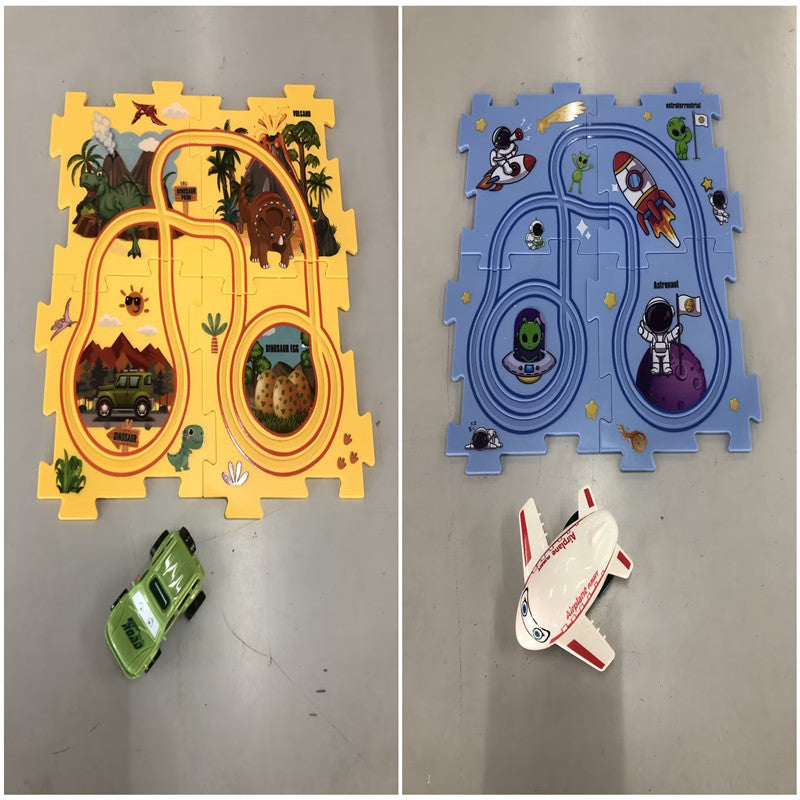 Puzzle infantil de comboio elétrico, brinquedo educativo para montar, com carro elétrico automático, cenário de cidade e carris.