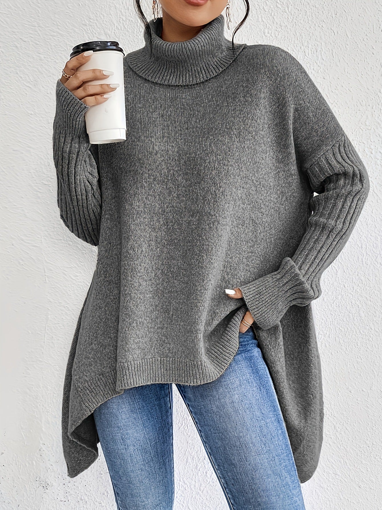Irregular Turtleneck Sweater Winter Loose Long Sleeve Knitted Tops Leisure Warm Pullover Sweater Women's Clothing