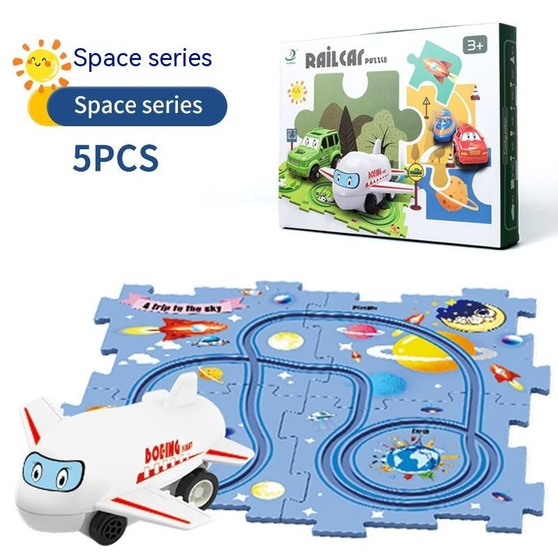 Puzzle infantil de comboio elétrico, brinquedo educativo para montar, com carro elétrico automático, cenário de cidade e carris.