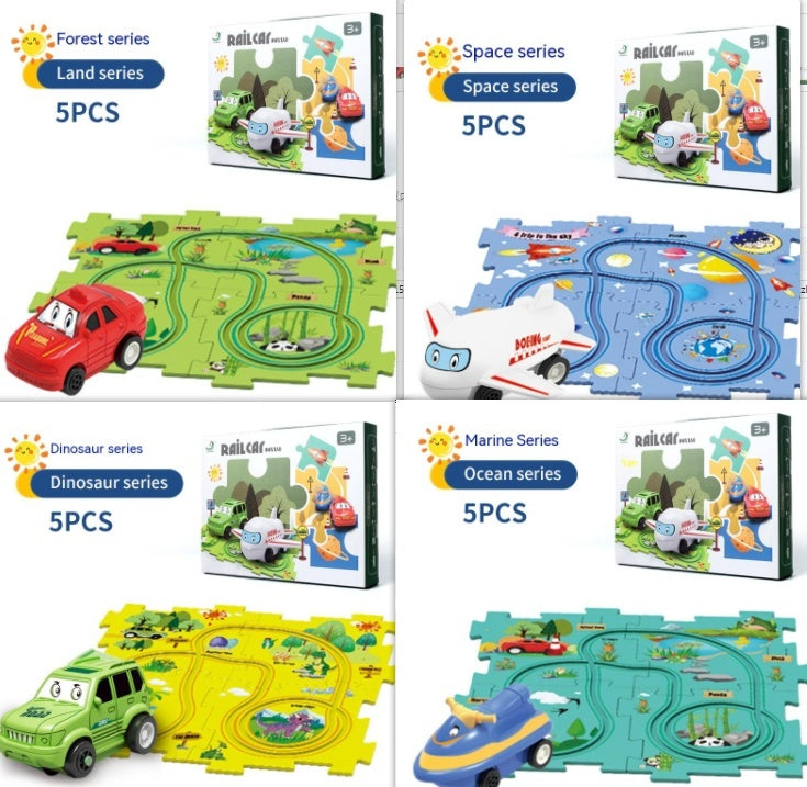 Puzzle infantil de comboio elétrico, brinquedo educativo para montar, com carro elétrico automático, cenário de cidade e carris.