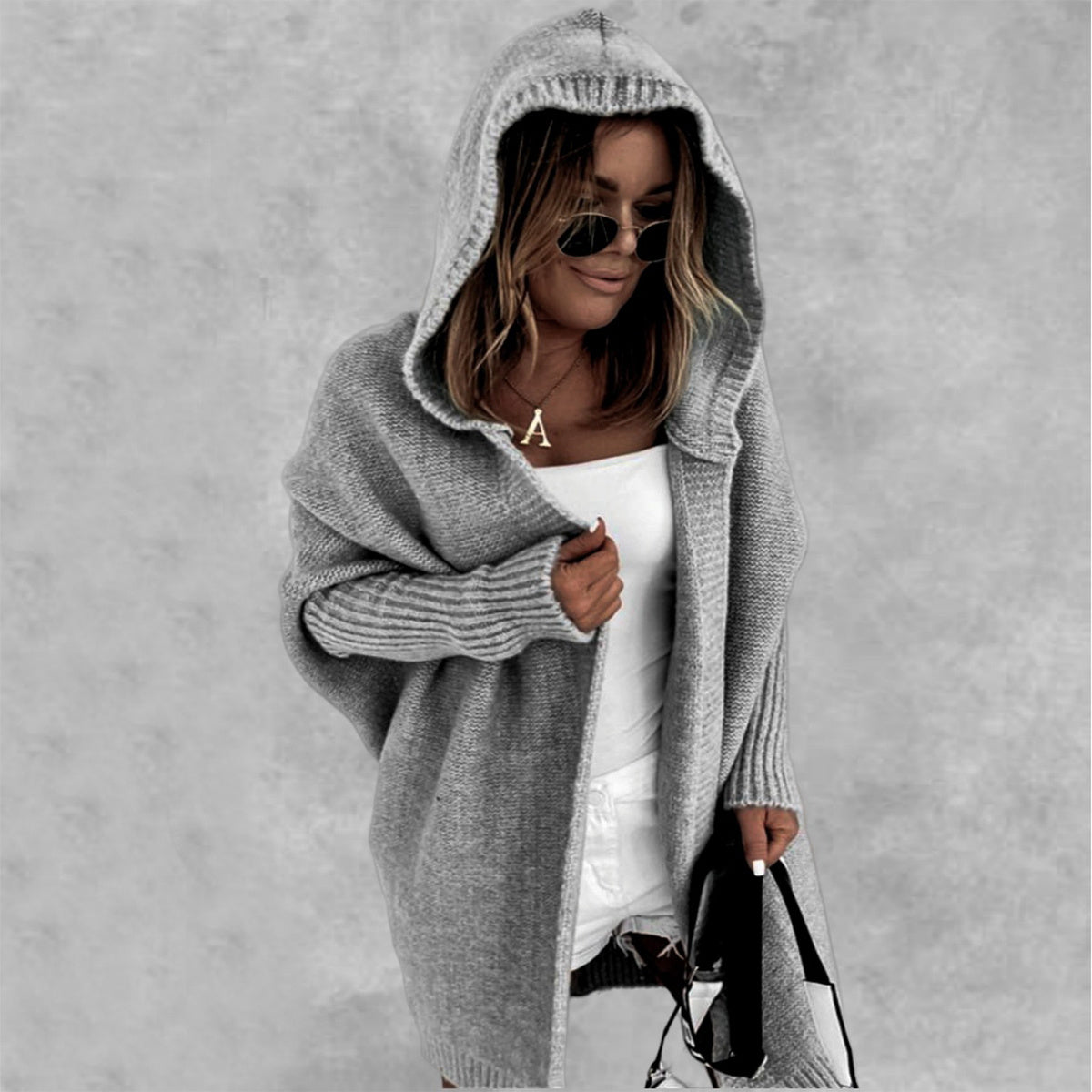 Ins Knitted Hooded Cardigan Fashion Loose Solid Color Batwing Sleeve Sweater Autumn And Winter Women's Clothing