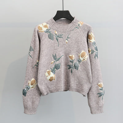 Embroidered flowers small  pullover sweater