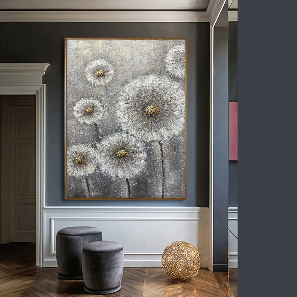 Peinture à l'huile sur toile grise, grande taille, avec une texture authentique et des fleurs blanches, réalisée à la main. Décoration murale idéale pour la maison ou à offrir.