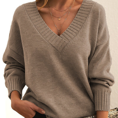 Solid V-neck Sweater Fashion Loose Long-sleeved Knitted Tops Autumn And Winter Women's Clothing