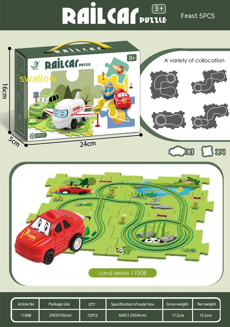 Puzzle infantil de comboio elétrico, brinquedo educativo para montar, com carro elétrico automático, cenário de cidade e carris.