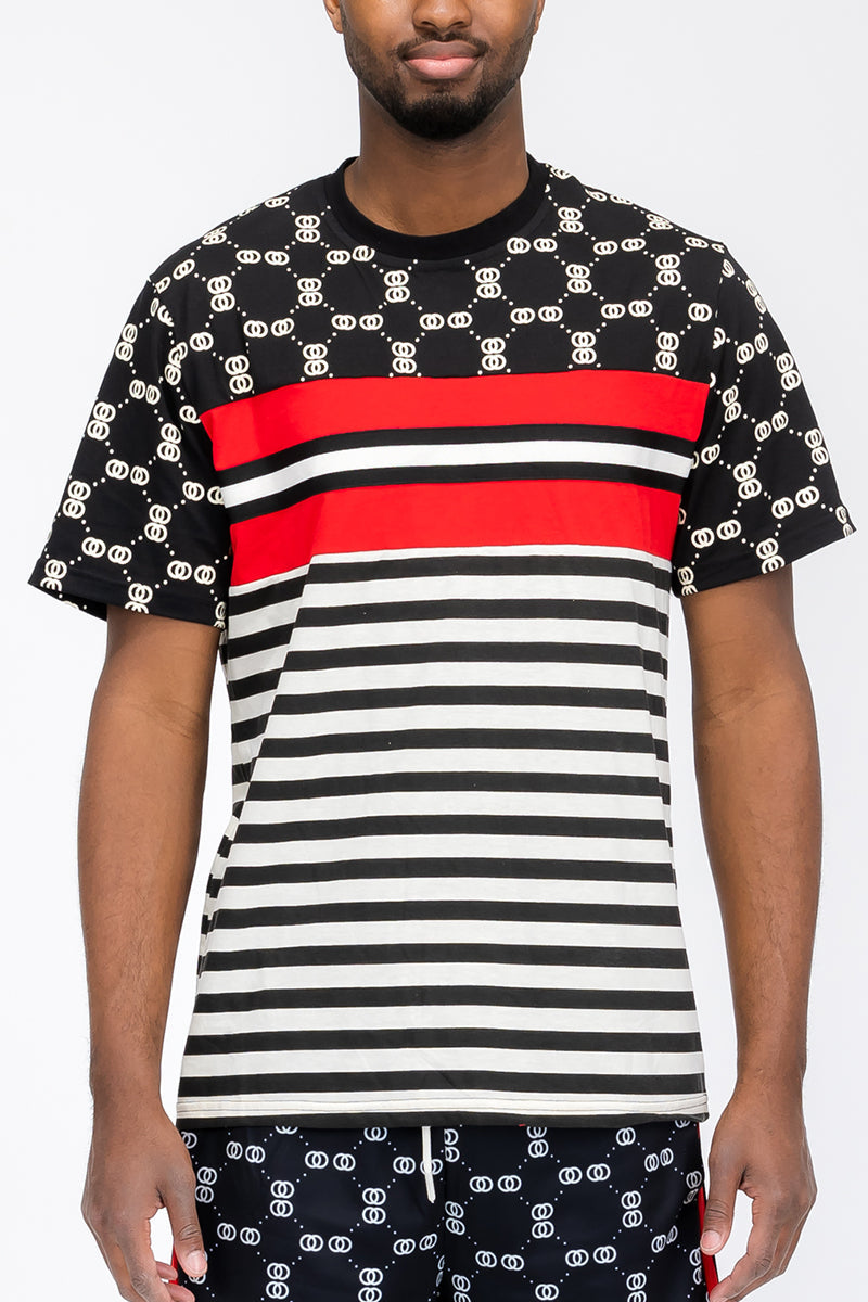 Linked T-shirt WT8771 model wearing a bold striped and patterned tee, perfect for casual wear.