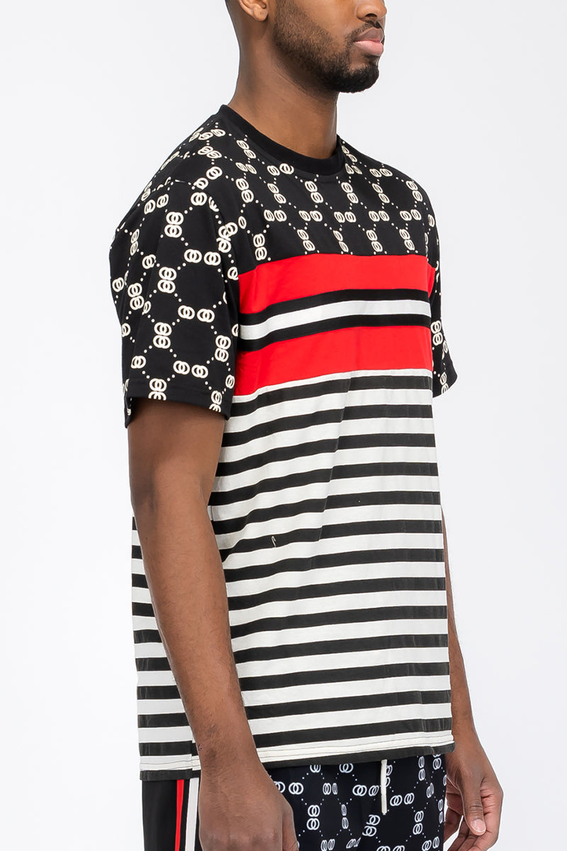 Model wearing Linked T-shirt WT8771 in black and red, showcasing stylish patterns and stripes.