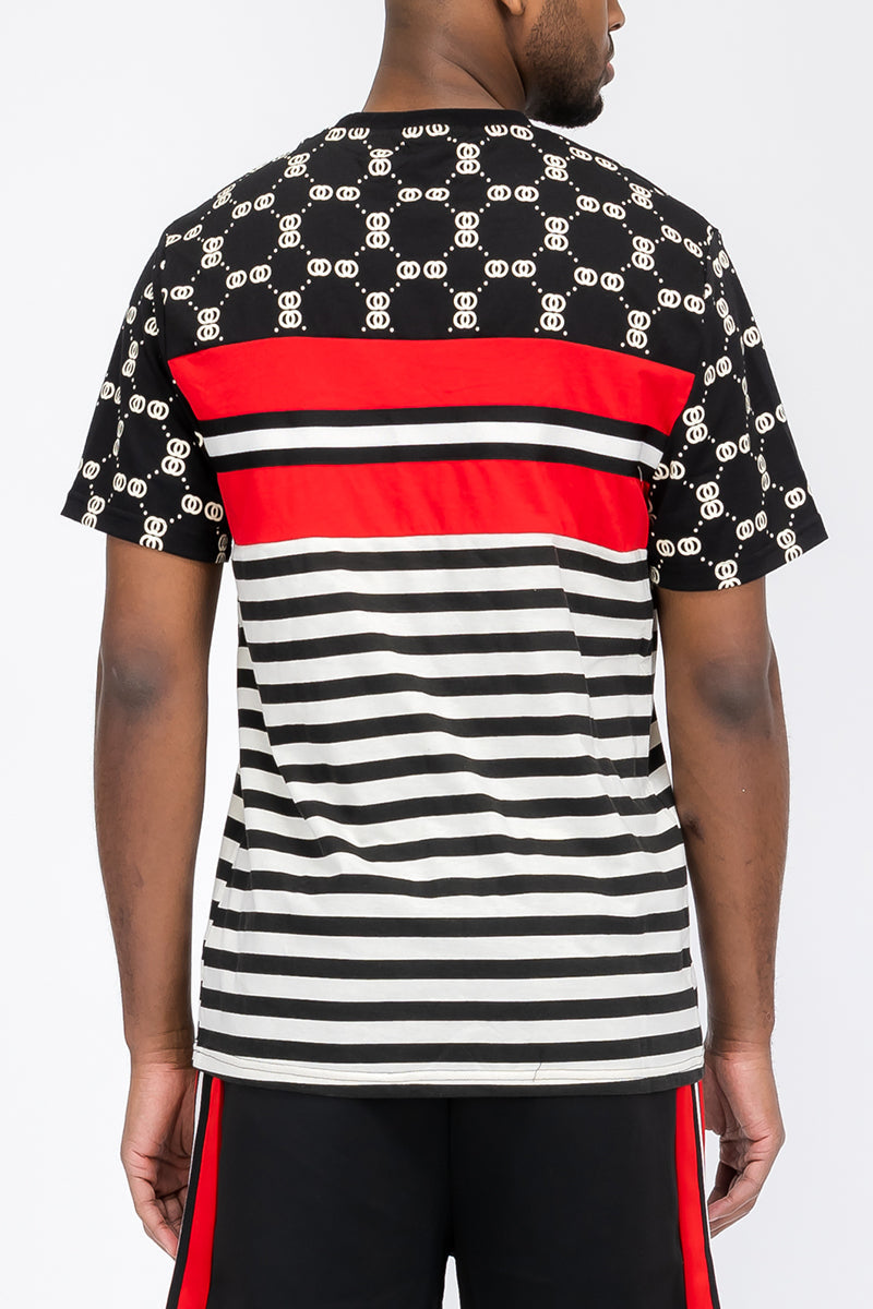 Back view of Linked T-shirt WT8771 featuring striped and patterned design, model wearing a Large.