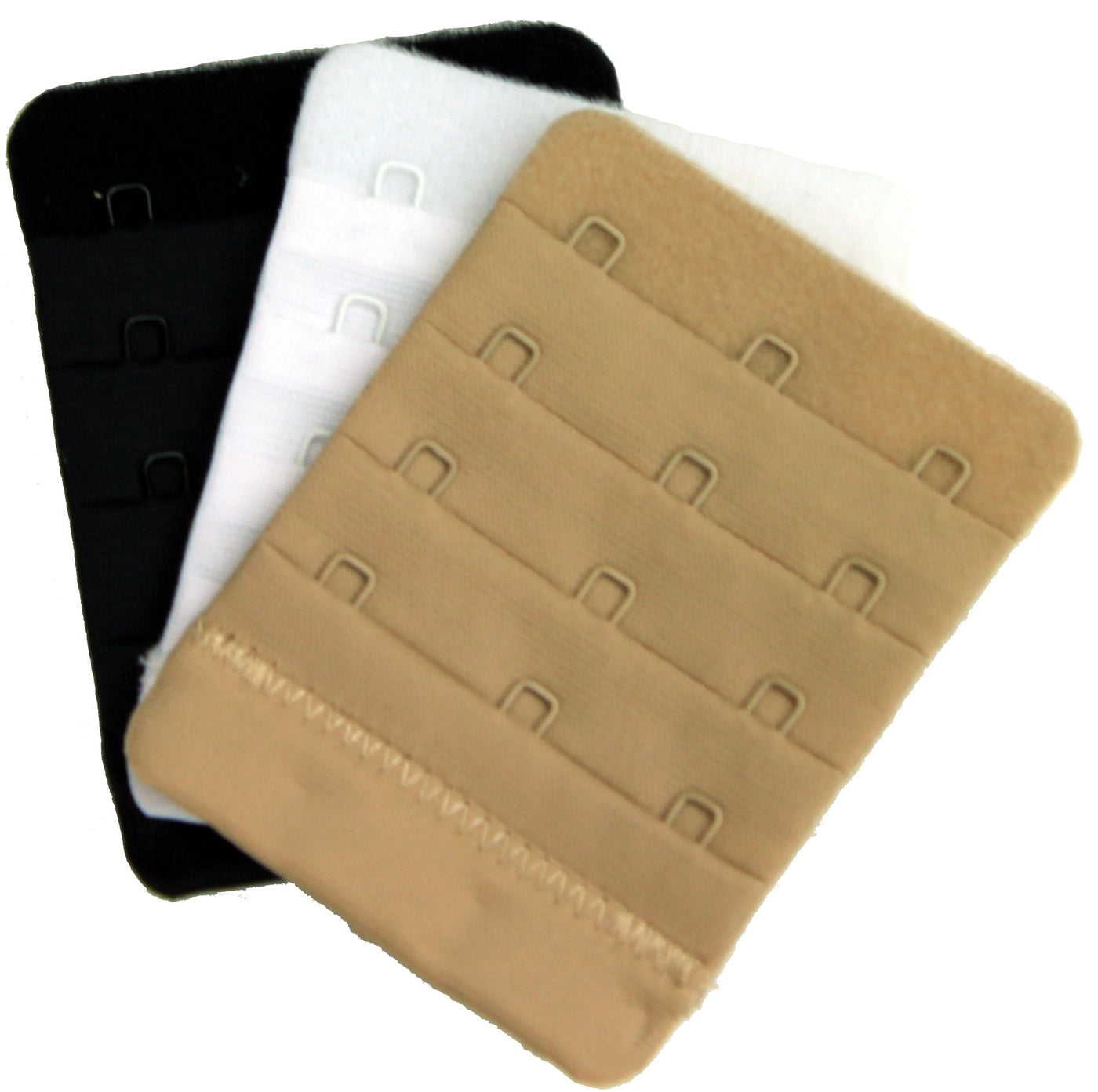 Bra extender solution featuring three colors: black, white, and beige hooks for added comfort and fit.