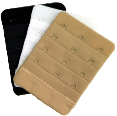 Bra extender solution featuring three colors: black, white, and beige hooks for added comfort and fit.