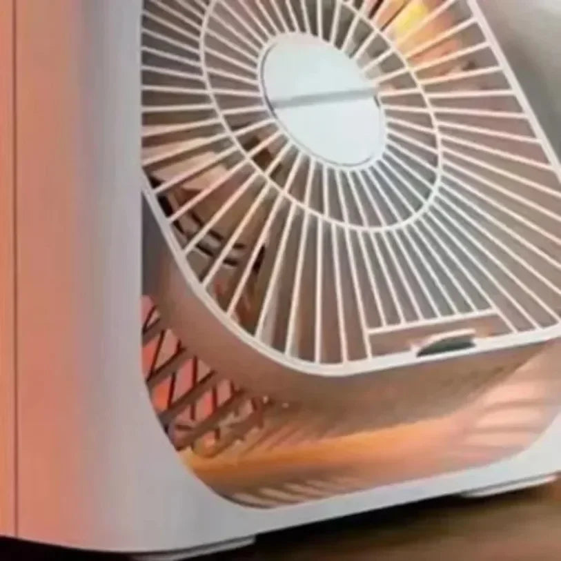 Multifunctional Desktop Atomizing Humidifier Night Light Air Cooler with stylish fan design and warm light features.