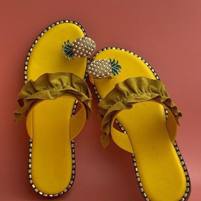 Womens Beach Slides Pineapple Pearl Toe Casual Womens Slippers with yellow color and ruffle design.