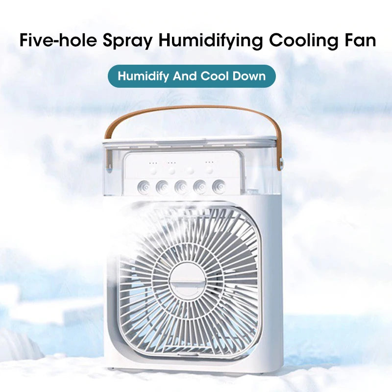 Five-Hole Spray Humidifying Fan Portable Water-cooling Fan 3 Speed with mist technology for instant cooling.