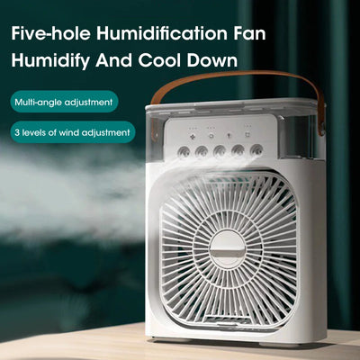 Five-Hole Spray Humidifying Fan Portable Water-cooling Fan 3 Speed with multi-angle and wind adjustments.