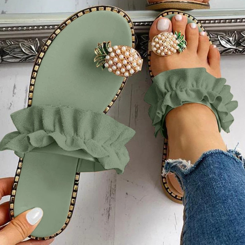 Pineapple Pearl Beach Slides Flat Toe Casual Womens Slippers - Firebrands