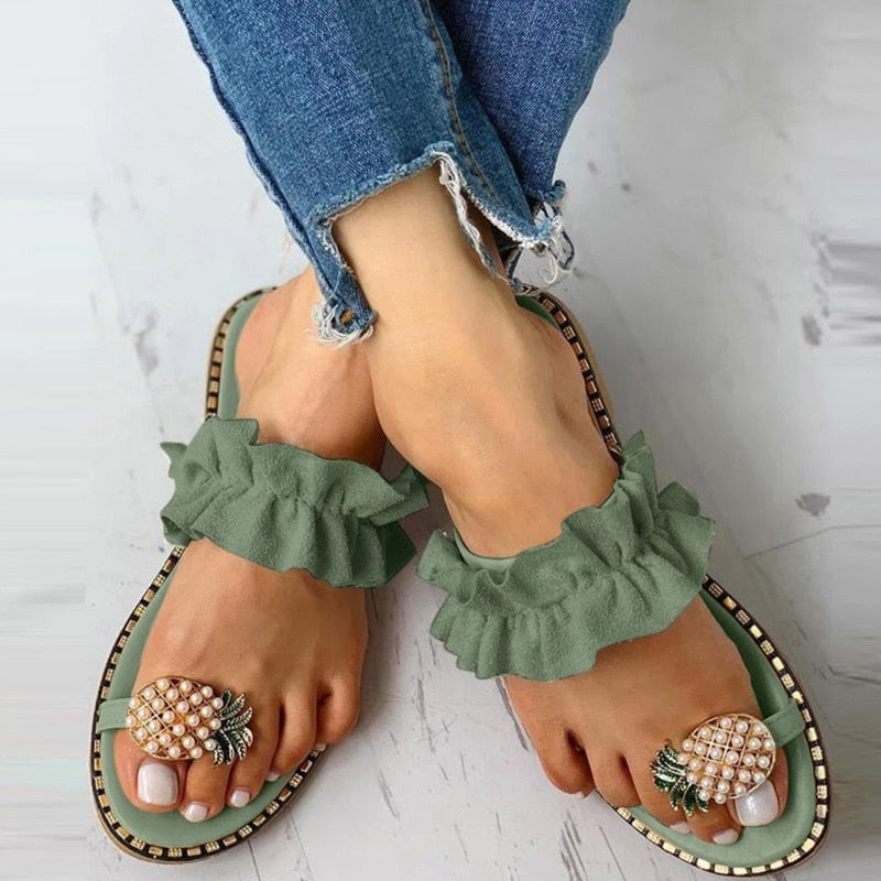 Pineapple Pearl Beach Slides Flat Toe Casual Womens Slippers - Firebrands