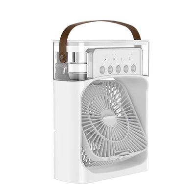 Five-Hole Spray Humidifying Fan Portable Water-cooling Fan 3 Speed with a stylish design and carrying handle.