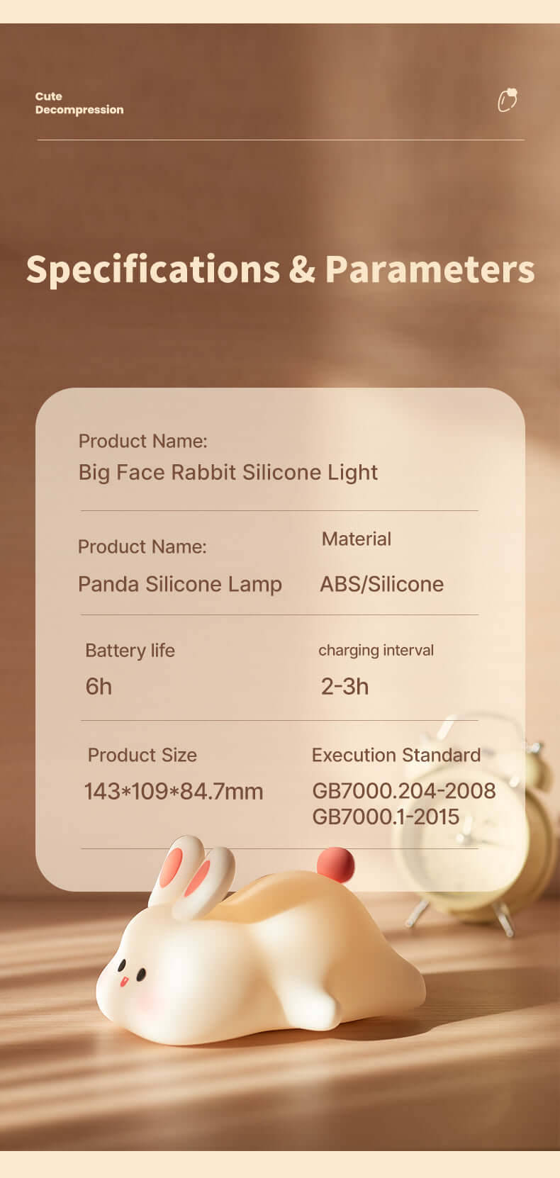 Soft Silicone Bunny Night Light – Touch-Control Lamp for Kids’ Rooms & Gifts specifications and parameters information.