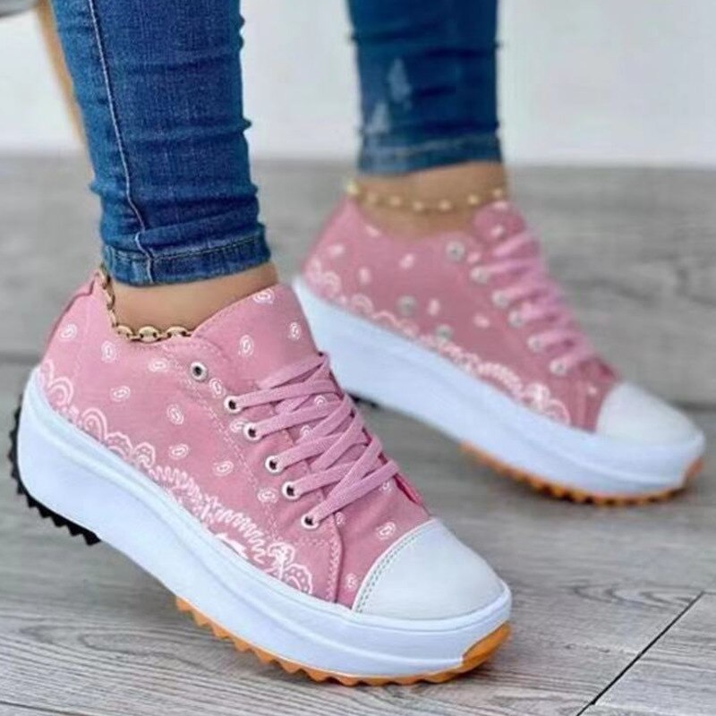Pattern Canvas Women Sneakers Casual Sport Shoes in pink with decorative patterns, ideal for casual and sporty looks.