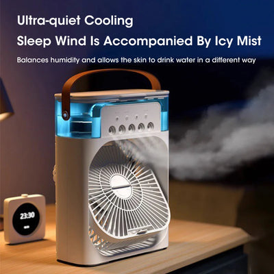 Five-Hole Spray Humidifying Fan Portable Water-cooling Fan 3 Speed with ultra-quiet cooling and icy mist feature.