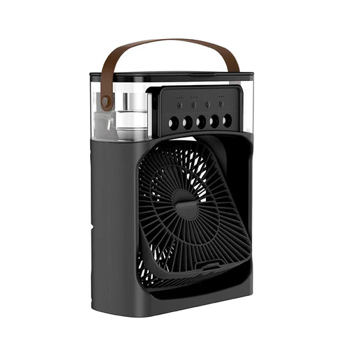Five-Hole Spray Humidifying Fan Portable Water-cooling Fan 3 Speed showing compact design and handle for easy portability.