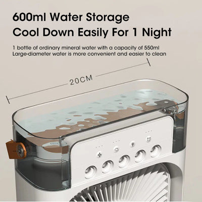 Five-Hole Spray Humidifying Fan Portable Water-cooling Fan 3 Speed with 600ml water storage for cooling.