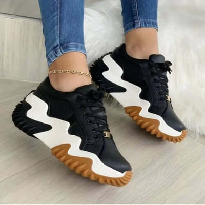 Summer Women's Sneakers Thick Bottom Canvas Casual Shoes in black and white with unique sole design.