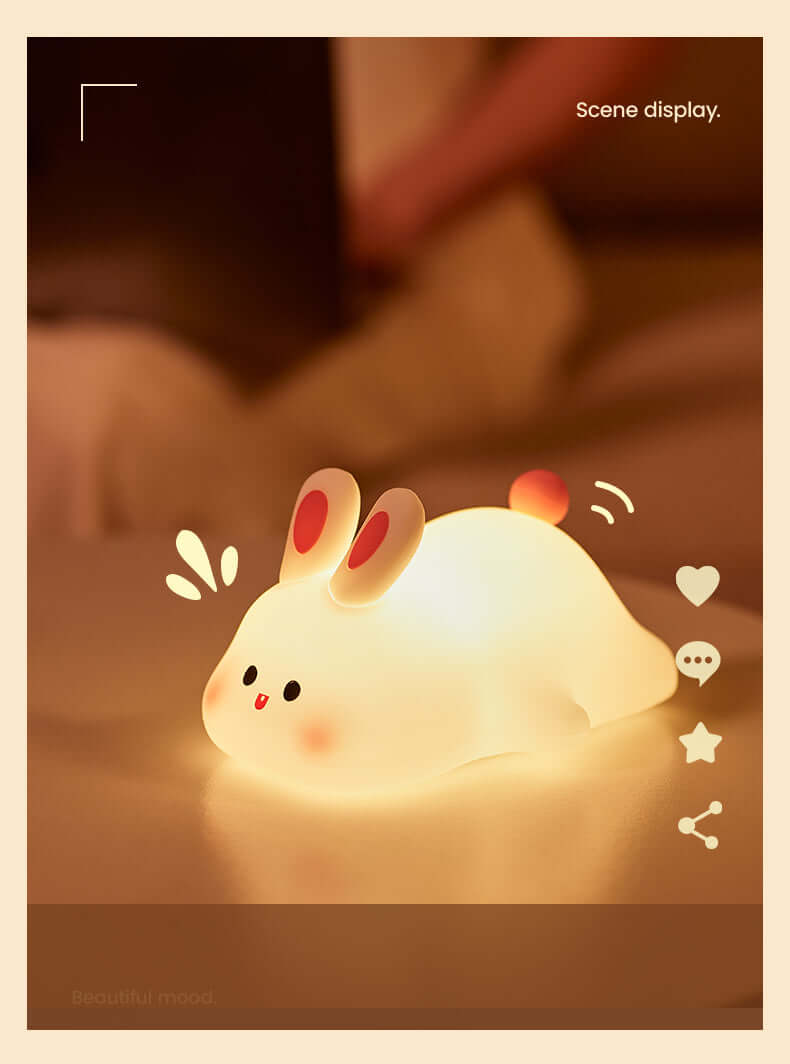 🐰 Soft Silicone Bunny Night Light – Touch-Control Lamp for Kids’ Rooms & Gifts, glowing bunny lamp viewed in a cozy setting.