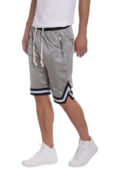 Solid mesh basketball active shorts in grey with side zipper and athletic fit, perfect for comfort and performance.