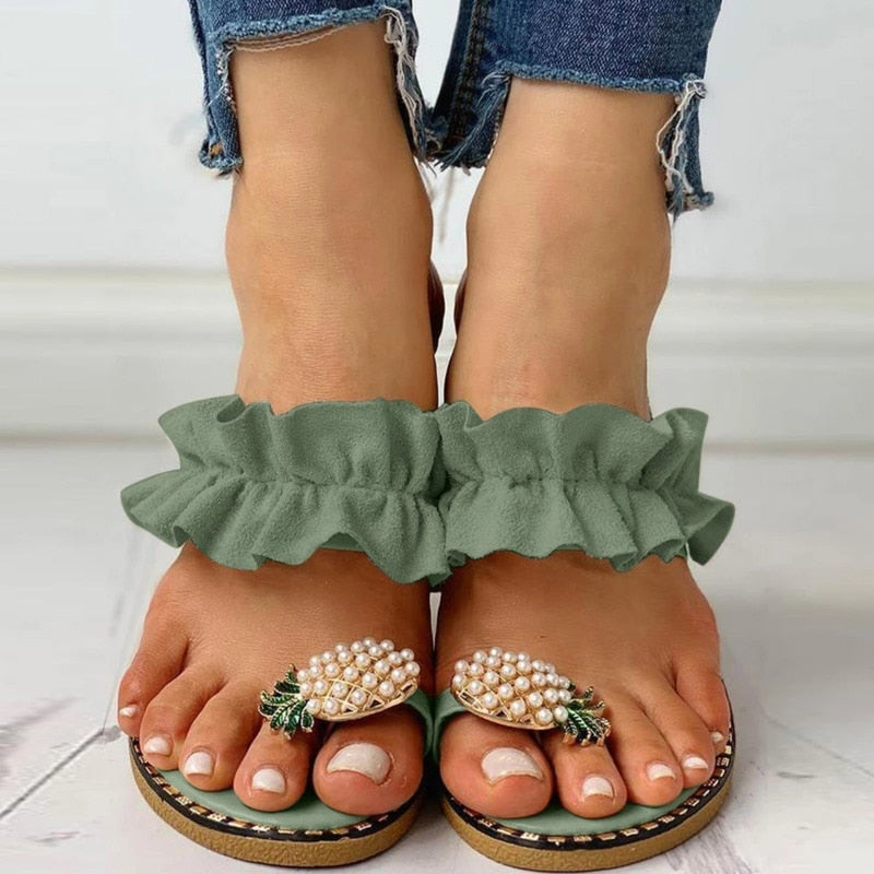 Pineapple Pearl Beach Slides Flat Toe Casual Womens Slippers - Firebrands