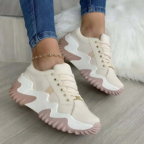 Summer Women's Sneakers Thick Bottom Canvas Casual Shoes in beige with pink sole, perfect for casual wear.