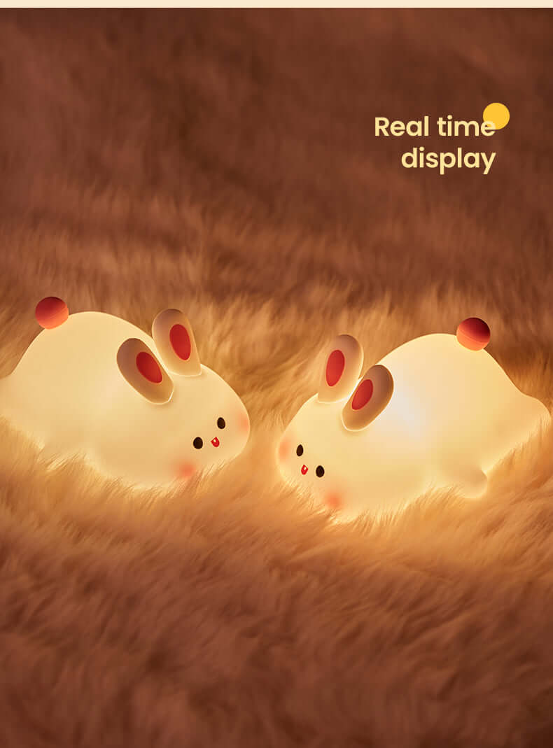 🐰 Soft Silicone Bunny Night Light – Touch-Control Lamp for Kids’ Rooms & Gifts on a fuzzy surface.