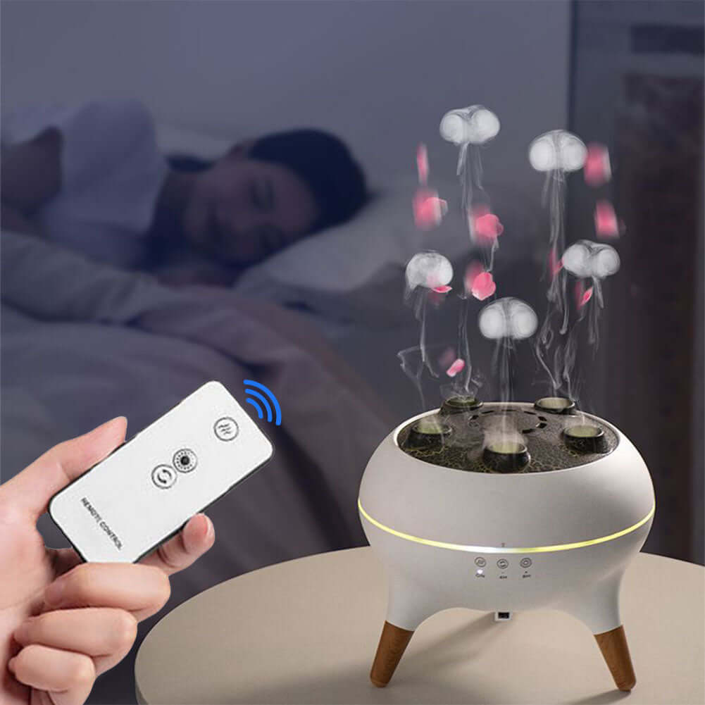Dynamic Jellyfish Air Humidifier – 250ml Ultrasonic Diffuser with Remote & 7-Color LED Lights in use with remote control.