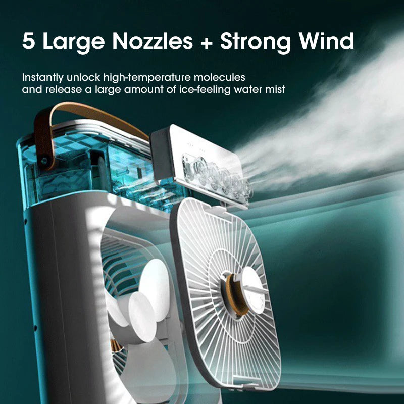 Five-Hole Spray Humidifying Fan Portable Water-cooling Fan 3 Speed with 5 large nozzles and strong wind features.