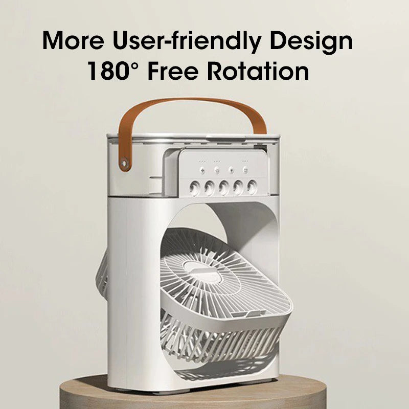 Five-Hole Spray Humidifying Fan Portable Water-cooling Fan 3 Speed with 180° free rotation and user-friendly design.