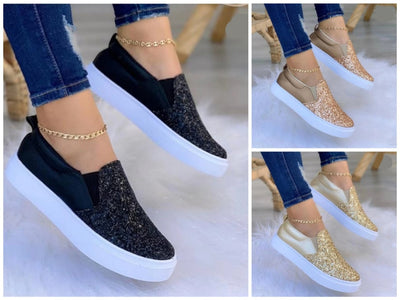 Moccasins Glitter Flat Female Loafers Shoes Black/Rose Gold/Black/Gold - Firebrands