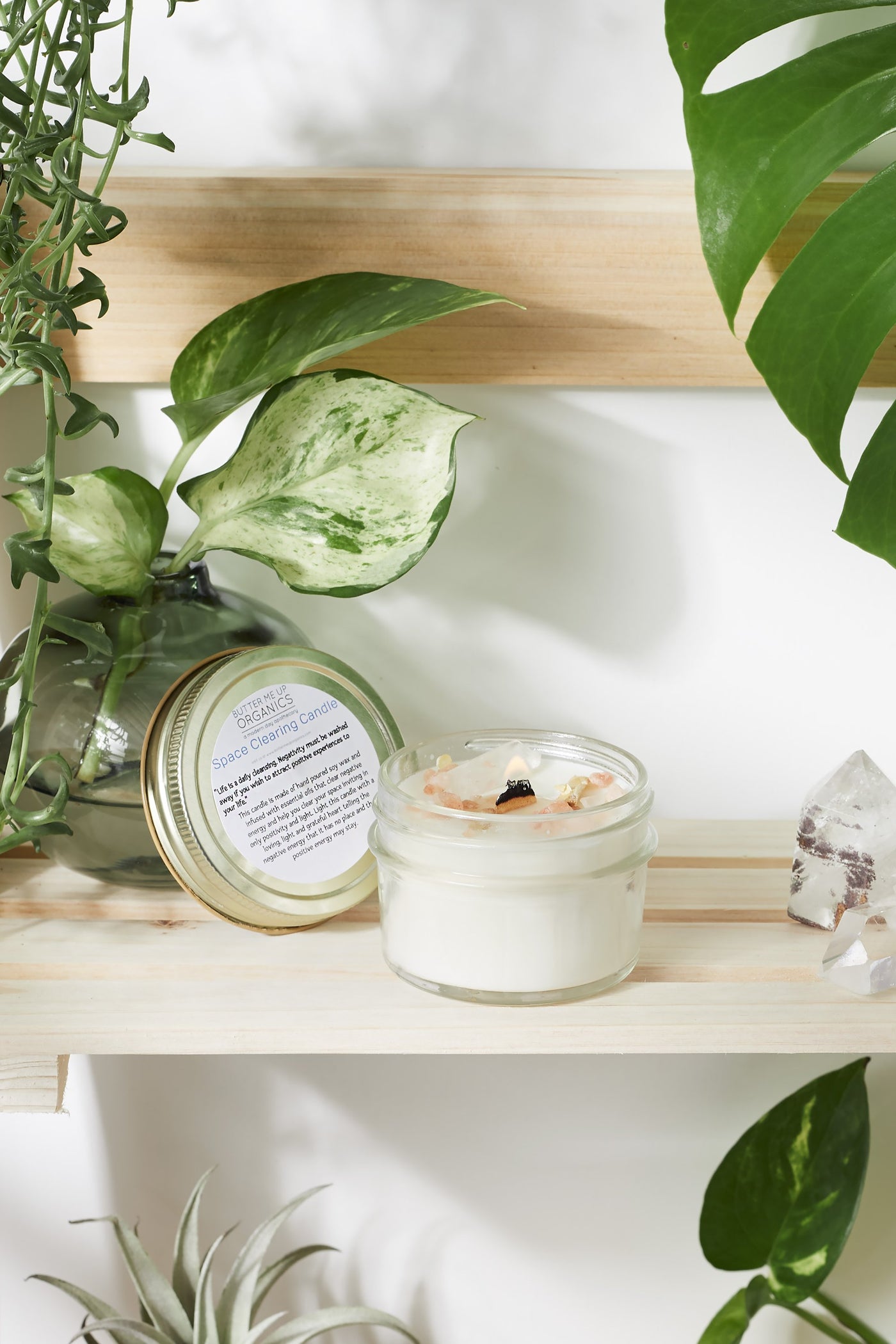 Space clearing intention candle displayed on a shelf with plants and crystals, promoting a calming atmosphere.