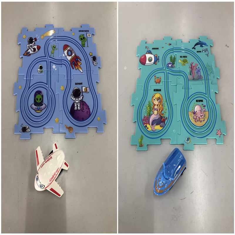 Puzzle infantil de comboio elétrico, brinquedo educativo para montar, com carro elétrico automático, cenário de cidade e carris.