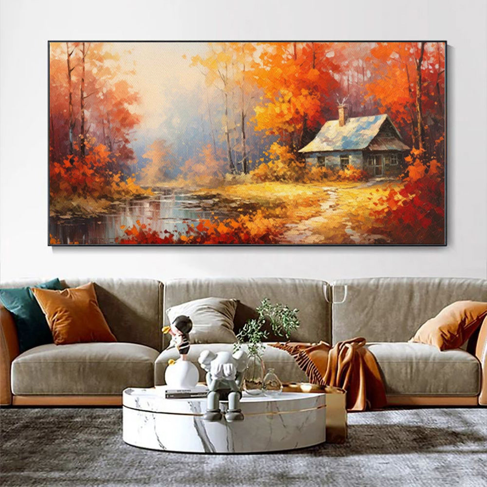 Pintura a óleo artesanal sobre tela para decoração de parede, com árvores em tons de vermelho e laranja, representando uma paisagem rural numa casa de campo. Ideal para decoração de ambientes. Pintura enrolada, sem moldura e sem esticar.