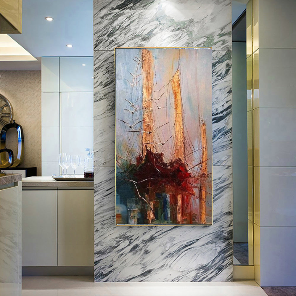 Tableau sur toile représentant un voilier pirate vintage en mer, peint à l'huile à la main, représentant un voilier noir. Décoration murale pour salon.