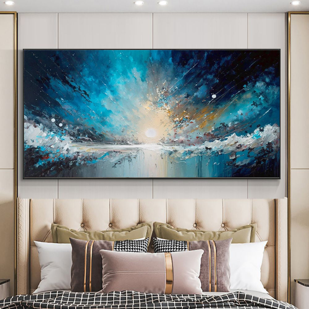 Handmade Oil Painting Canvas Wall Art Decoration Abstract Blue Starry Sky Ocean  Artwork For Home Living Room Decor Rolled Frameless Unstretched Painting