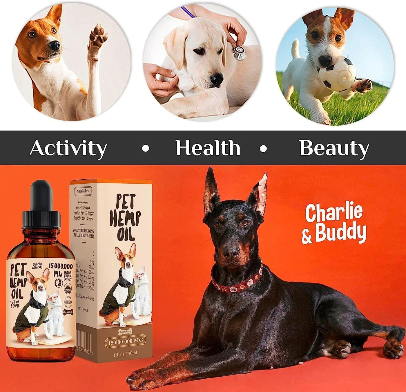 Hemp oil for dogs and cats product with active dogs, promoting health and beauty for pets.