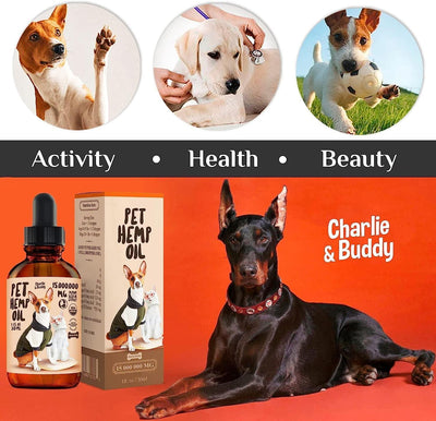 Hemp oil for dogs and cats product with active dogs, promoting health and beauty for pets.