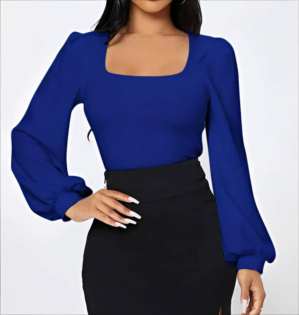 Ladies' Elegant Temperament Versatile Solid Color Long Sleeved Shirt in blue, casual style for spring and summer.