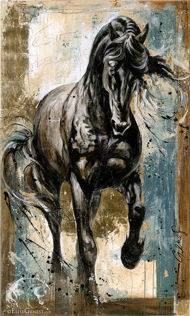 Tableau à l'huile sur toile représentant une course de chevaux nordiques - Affiche animalière